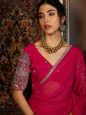 Pink beads and stones saree with blouse piece 1