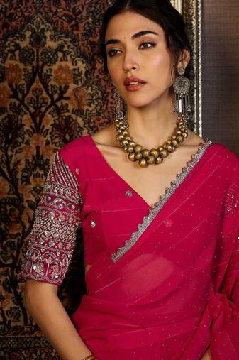 Pink beads and stones saree with blouse piece