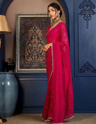 Pink beads and stones saree with blouse piece 2