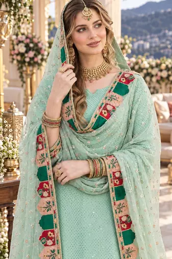 sky georgette stitched semi stitched suit with embroidery & sequence work