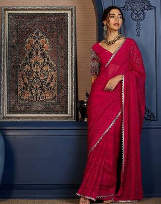 Pink beads and stones saree with blouse piece 4