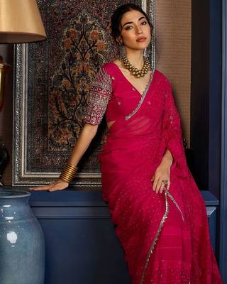 Pink beads and stones saree with blouse piece 5