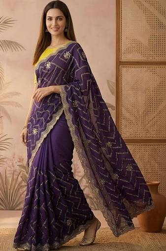 Purple embroidered silk blend saree
