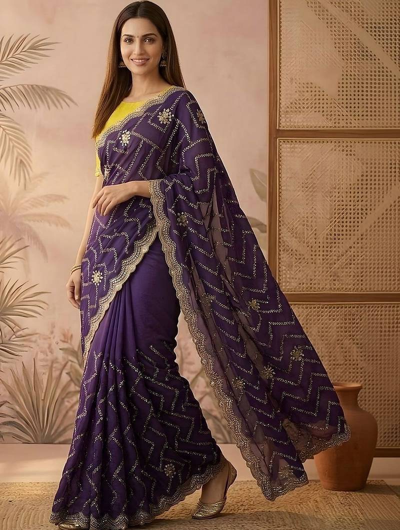 Purple embroidered silk blend saree