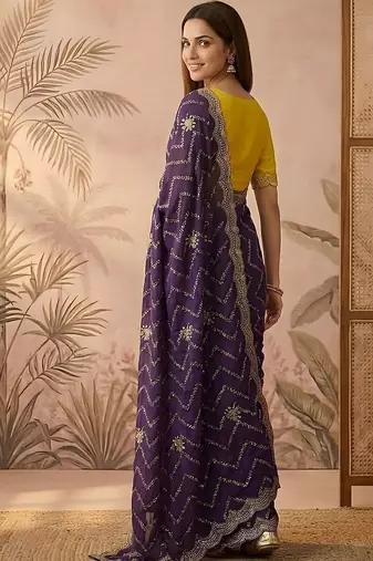 Purple embroidered silk blend saree