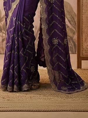 Purple embroidered silk blend saree 3