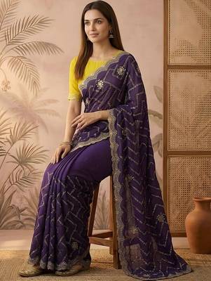 Purple embroidered silk blend saree 4