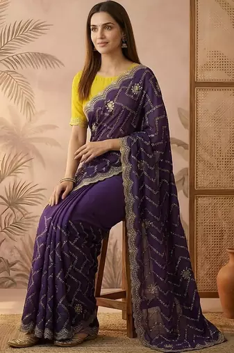 Purple embroidered silk blend saree