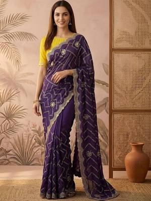 Purple embroidered silk blend saree 5