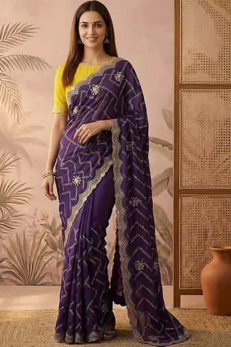 Purple embroidered silk blend saree