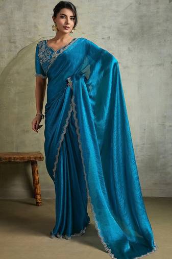 Blue women embellished beads and stones  chiffon designer saree
