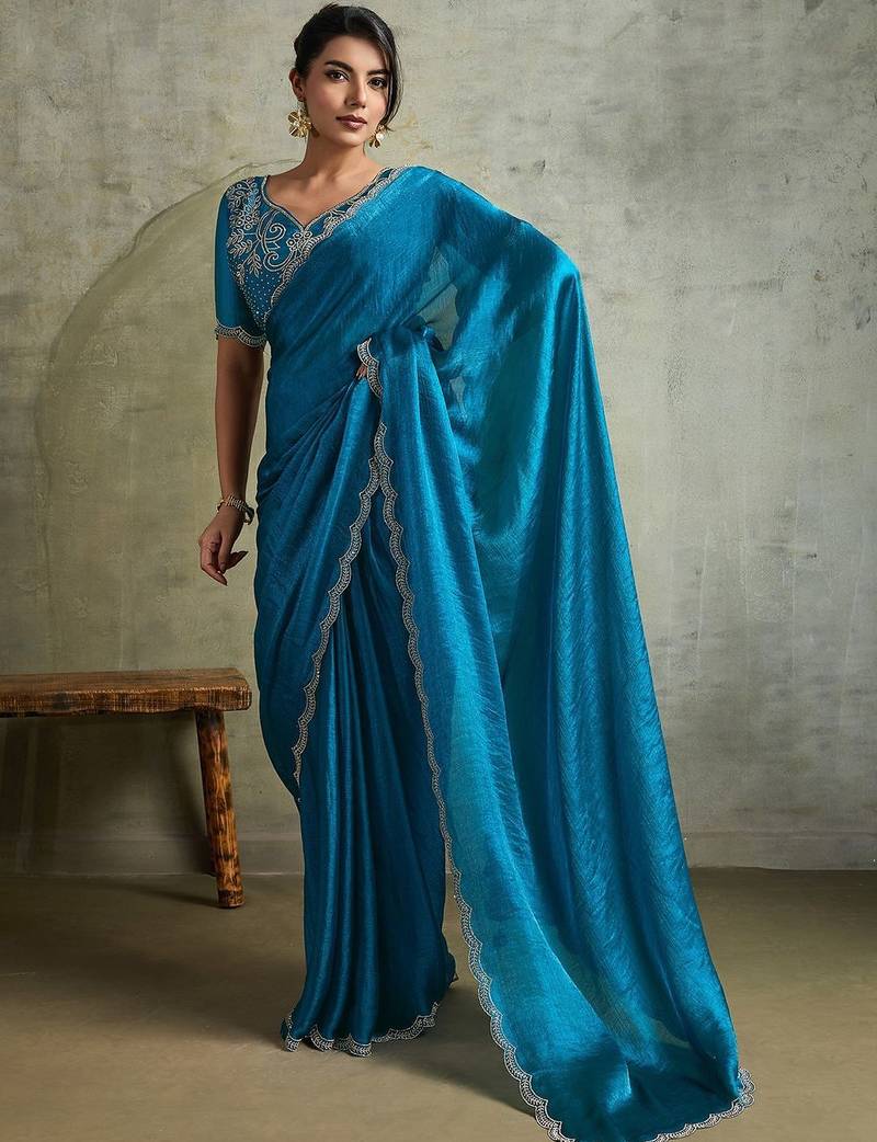 Blue women embellished beads and stones  chiffon designer saree