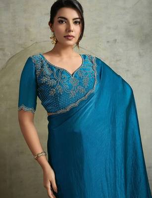 Blue women embellished beads and stones  chiffon designer saree 2