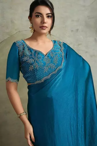 Blue women embellished beads and stones  chiffon designer saree