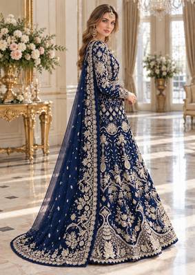teal net semi stitched anarkali suit with embroidery & stone work 2