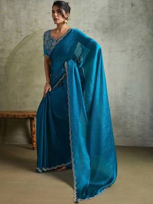 Blue women embellished beads and stones  chiffon designer saree 3