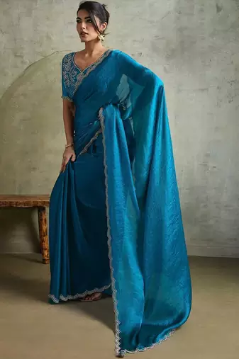 Blue women embellished beads and stones  chiffon designer saree