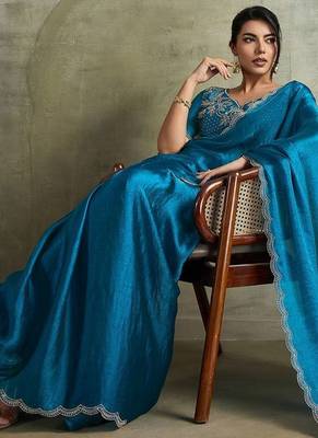 Blue women embellished beads and stones  chiffon designer saree 5