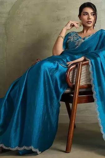 Blue women embellished beads and stones  chiffon designer saree