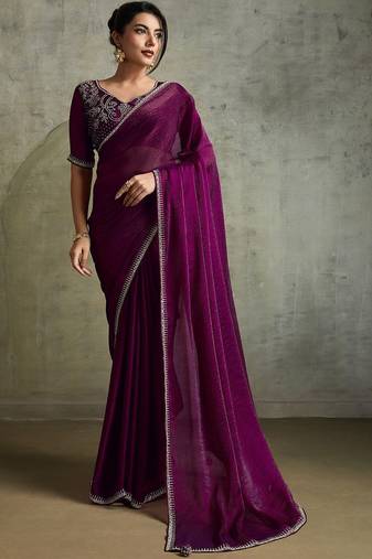 Purple purple embellished  chiffon  sarees