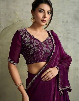Purple purple embellished  chiffon  sarees 2