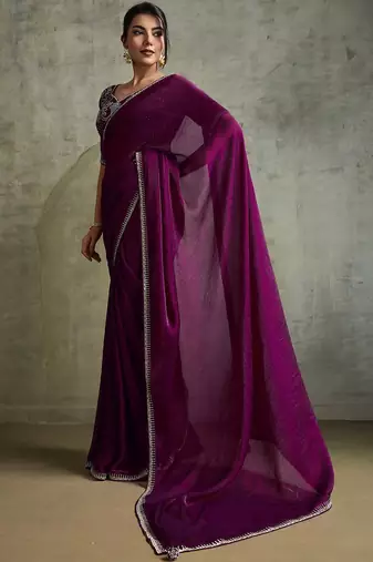 Purple purple embellished  chiffon  sarees