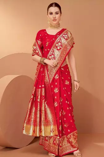 Red ethnic motifs woven design zari saree with unstitched blouse