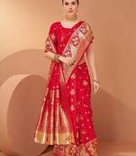 Red ethnic motifs woven design zari saree with unstitched blouse
