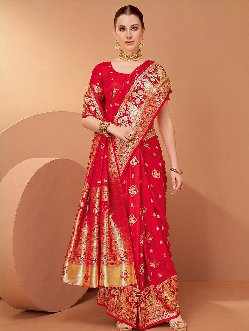 Red ethnic motifs woven design zari saree with unstitched blouse