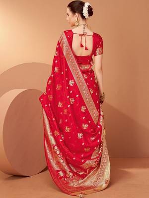 Red ethnic motifs woven design zari saree with unstitched blouse 2