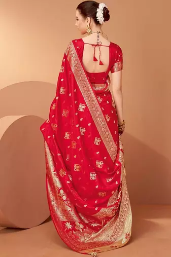 Red ethnic motifs woven design zari saree with unstitched blouse