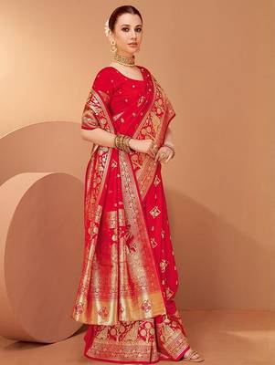 Red ethnic motifs woven design zari saree with unstitched blouse 3