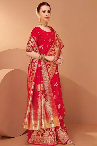 Red ethnic motifs woven design zari saree with unstitched blouse