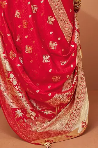 Red ethnic motifs woven design zari saree with unstitched blouse