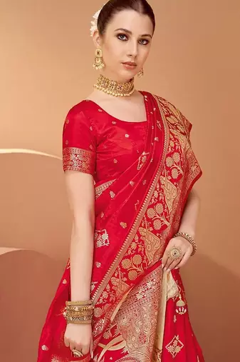 Red ethnic motifs woven design zari saree with unstitched blouse