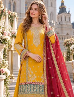 yellow chinon semi stitched suit with embroidery sequence work 2