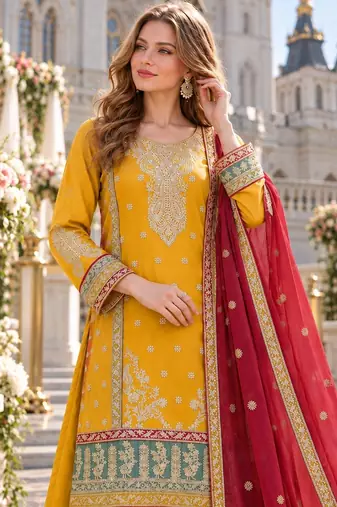 yellow chinon semi stitched suit with embroidery sequence work