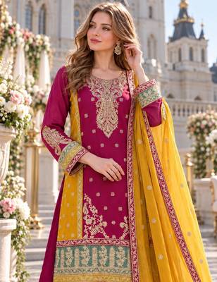 rani pink chinon semi stitched suit with embroidery sequence work 2