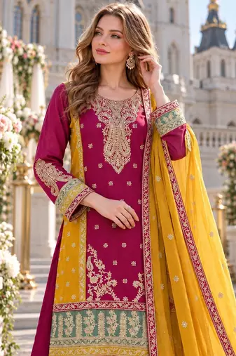 rani pink chinon semi stitched suit with embroidery sequence work