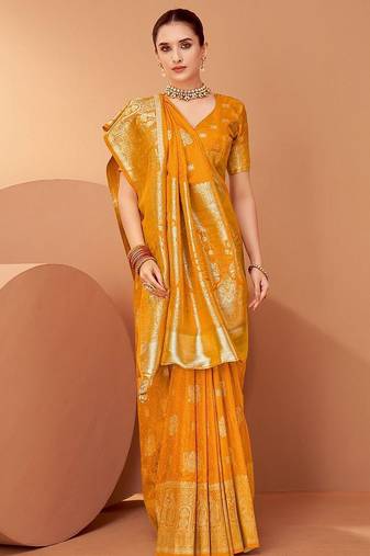 Mustard ethnic motifs woven design zari saree with unstitched blouse