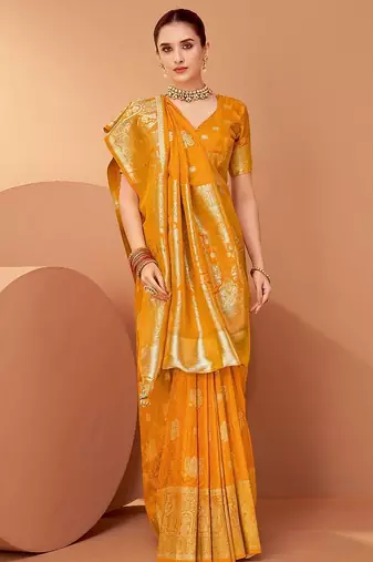 Mustard ethnic motifs woven design zari saree with unstitched blouse