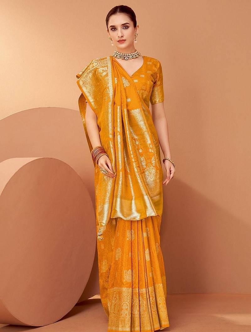 Mustard ethnic motifs woven design zari saree with unstitched blouse