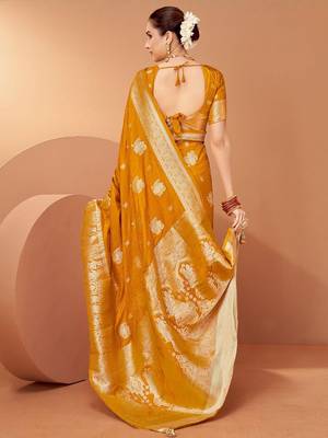 Mustard ethnic motifs woven design zari saree with unstitched blouse 2