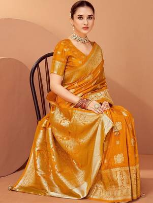 Mustard ethnic motifs woven design zari saree with unstitched blouse 3