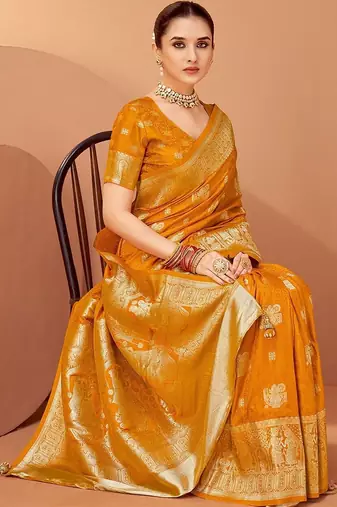 Mustard ethnic motifs woven design zari saree with unstitched blouse