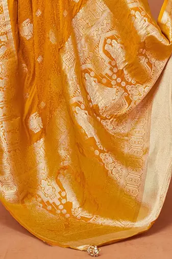 Mustard ethnic motifs woven design zari saree with unstitched blouse