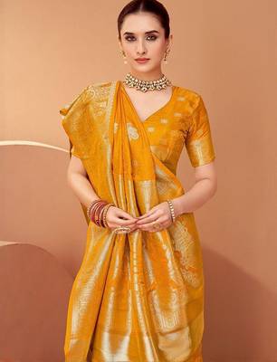 Mustard ethnic motifs woven design zari saree with unstitched blouse 5