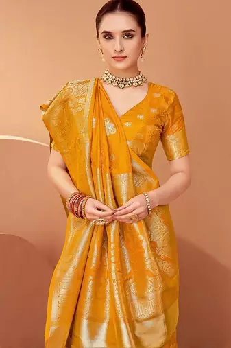 Mustard ethnic motifs woven design zari saree with unstitched blouse