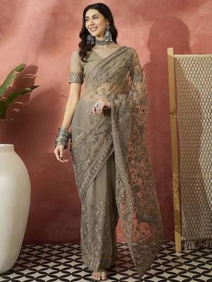 Beige embroidered saree with blouse piece 2