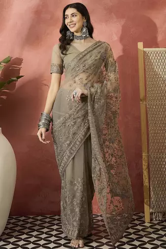 Beige embroidered saree with blouse piece